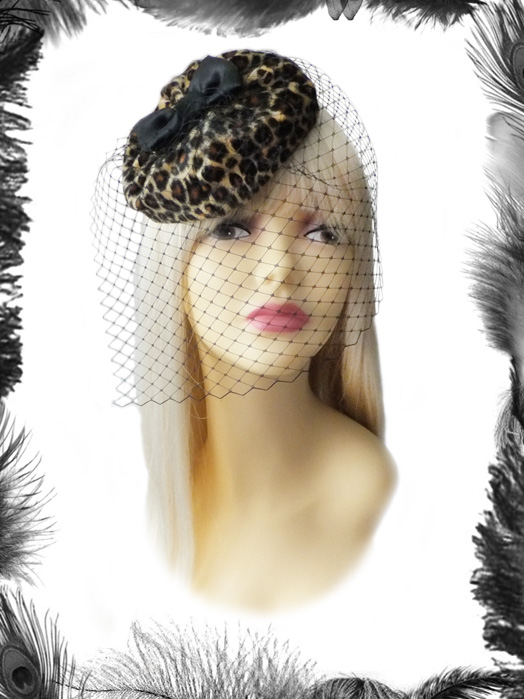 mini leopard print beret, rockabilly hat